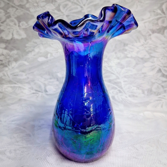Gibson Other - Vintage Gibson Glass Vase Iridescent Blue Ruffle Top Carnival Crackle Finish 6.5